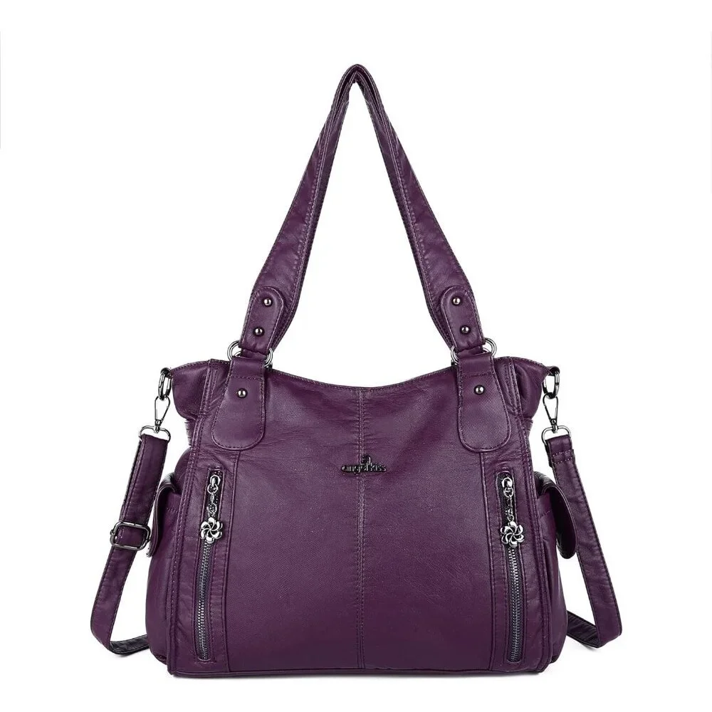 〽️Women's Purple PU Leather Hobo Shoulder Bag with Top Handle and Zipper Pockets